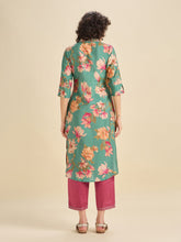 Load image into Gallery viewer, Aqua Blue Modal Chanderi Slited Printed Kurti Set With Embroidery & Liberty Cut
