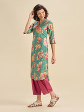 Load image into Gallery viewer, Aqua Blue Modal Chanderi Slited Printed Kurti Set With Embroidery & Liberty Cut