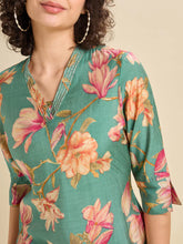 Load image into Gallery viewer, Aqua Blue Modal Chanderi Slited Printed Kurti Set With Embroidery & Liberty Cut