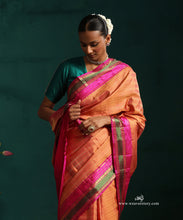 Load image into Gallery viewer, Burnt Orange Pure Silk Kanjivarm Saree With Zari Stripes And Pink And Green Border With Rudraksh Motifs