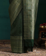 Load image into Gallery viewer, Bottle Green Pure Silk Kanjivaram Saree With Antique Silver Zari Stripes And Paisley And Annapakshi Border