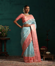 Load image into Gallery viewer, Sky Blue Pure Silk Pure Zari Kanjivaram Saree With Ganderberunda Motif And Pink Korwai Border