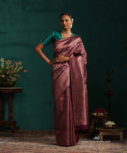 Load image into Gallery viewer, Dark Wine Pure Silk Kanjivaram Saree With Antique Zari Floral Jaal