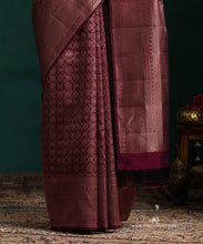 Load image into Gallery viewer, Dark Wine Pure Silk Kanjivaram Saree With Antique Zari Floral Jaal