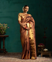 Load image into Gallery viewer, Coke Brown Pure Silk Kanjivaram Saree With Copper Zari Border And All Over Motifs