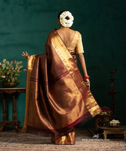 Load image into Gallery viewer, Coke Brown Pure Silk Kanjivaram Saree With Copper Zari Border And All Over Motifs
