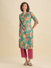 Load image into Gallery viewer, Aqua Blue Modal Chanderi Slited Printed Kurti Set With Embroidery &amp; Liberty Cut
