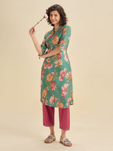 Load image into Gallery viewer, Aqua Blue Modal Chanderi Slited Printed Kurti Set With Embroidery &amp; Liberty Cut
