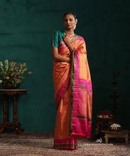 Load image into Gallery viewer, Burnt Orange Pure Silk Kanjivarm Saree With Zari Stripes And Pink And Green Border With Rudraksh Motifs
