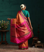 Load image into Gallery viewer, Burnt Orange Pure Silk Kanjivarm Saree With Zari Stripes And Pink And Green Border With Rudraksh Motifs
