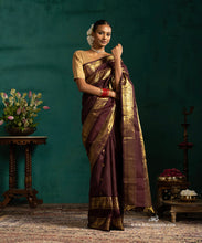 Load image into Gallery viewer, Coke Brown Pure Silk Kanjivaram Saree With Annapakshi And Rudraksh Booti And Annapakshi Border
