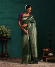 Load image into Gallery viewer, Bottle Green Pure Silk Kanjivaram Saree With Antique Silver Zari Stripes And Paisley And Annapakshi Border
