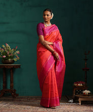 Load image into Gallery viewer, Burnt Orange Pure Silk Kanjivaram Saree With Zari Stripes And Majenta Korwai Border
