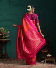 Load image into Gallery viewer, Burnt Orange Pure Silk Kanjivaram Saree With Zari Stripes And Majenta Korwai Border
