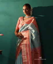 Load image into Gallery viewer, Sky Blue Pure Silk Pure Zari Kanjivaram Saree With Ganderberunda Motif And Pink Korwai Border
