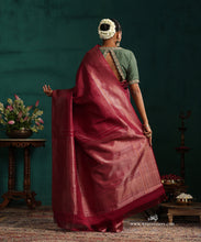 Load image into Gallery viewer, Maroon Pure Silk Kanjivaram Saree With Zari Border And All Over Zari Pin Stripes Motifs
